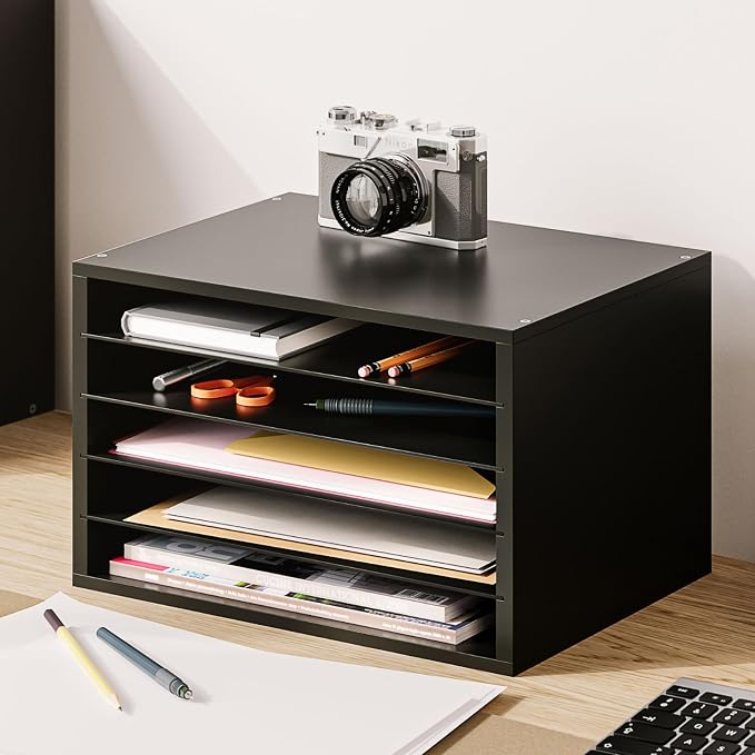 Ballucci 5 Tier Paper Organizer Letter Tray, Wood Desk File Organizer - Image 2