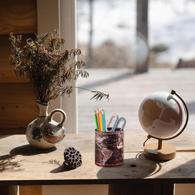 Black World Map Pencil Holder for Desk, PU leather Pencil Cup, Globe Pen Holder - Image 3