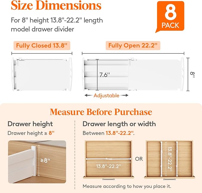 Lifewit 8" Tall 8 Pack Drawer Dividers, 13.8"-22.2" Adjustable Deep Drawer - Image 2