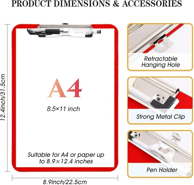 Red Nursing Clipboard with Pen Holder, Plastic Clip Boards 8.5x11 Heavy Duty - Image 2