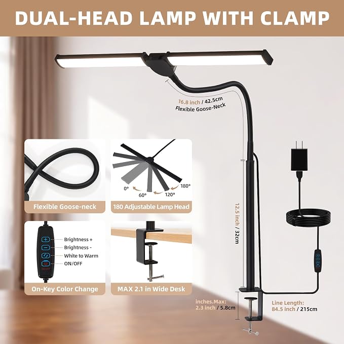 Voncerus LED Desk Lamp for Home Office, Double Head Architect Light - Image 3