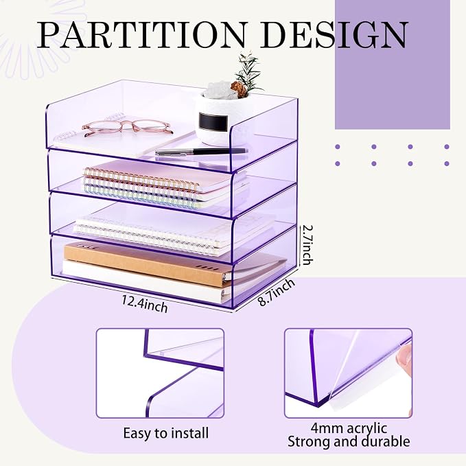 Harloon 4 Tier Clear Purple Acrylic Paper Organizer Letter Tray, Aesthetic - Image 2