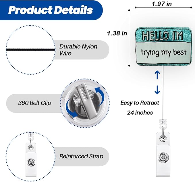 Hello I'm Trying My Best Funny Badge Reel, Cute Retractable ID Card Badge Holder - Image 4