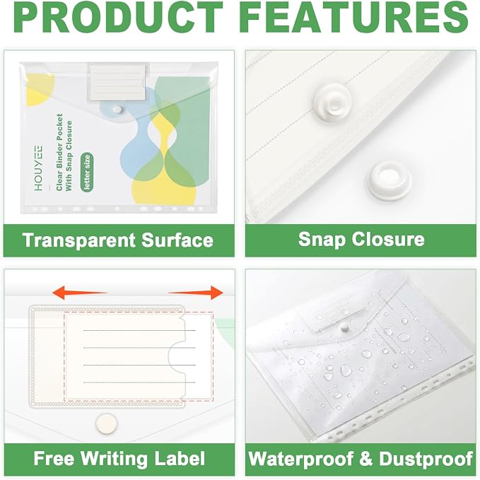 HOUYEE 48 Pack Clear Binder Pocket, 11 Holes Heavy-Duty Plastic Binder Pouch - Image 4