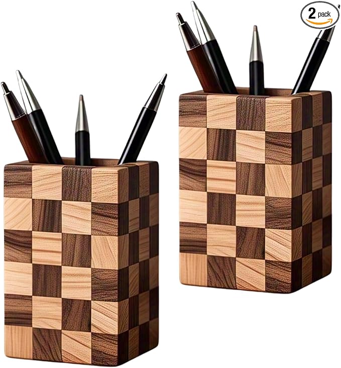 Wooden Pen Holder for Desk, 2 Pack Natural Wood Pencil Cup Holder – Office Desk by UKASALTD