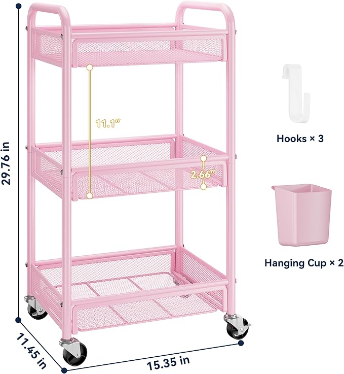 YASONIC 3 Tier Rolling Cart – Metal Utility Storage Cart - Image 6