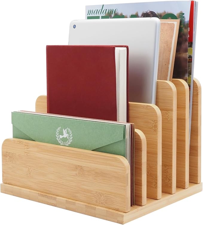 Desk File Mail Organizer Countertop, 5 Slots Bamboo Folder Sorter Holder by Deefielly