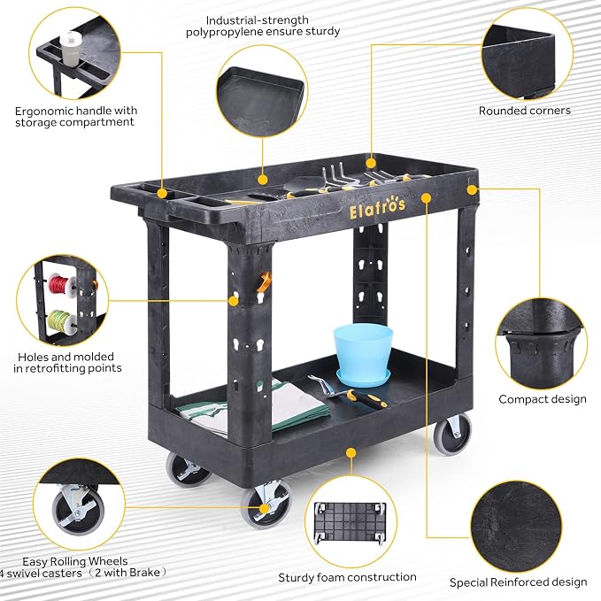ELAFROS 2-Tier Utility Rolling Cart, 34 x 17 in, 550lb | Deep Tub Shelves - Image 4