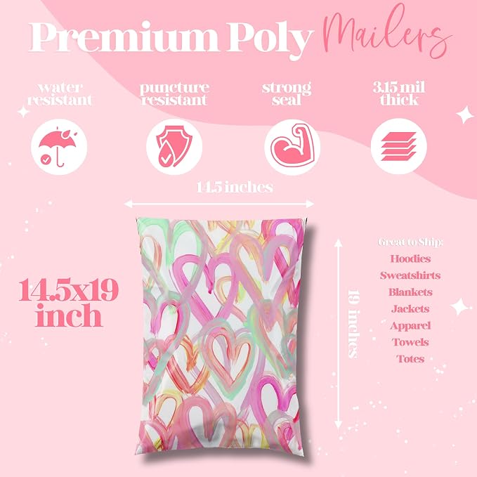 Pretty Package Store Poly Mailer 14.5x19, Happy Hearts, 100 Pack | Heavy Duty - Image 3