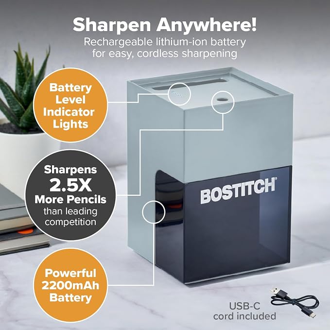 Bostitch Konnect Rechargeable Pencil Sharpener, Auto-Stop Helical Cutter - Image 2