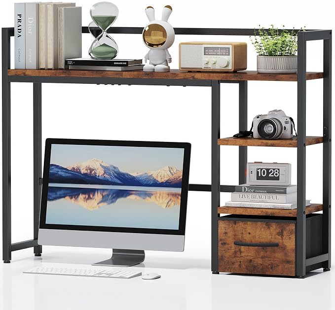 Marbrasse Desk Shelf with Drawer, Wooden Desktop Bookshelf Storage Rack by Marbrasse