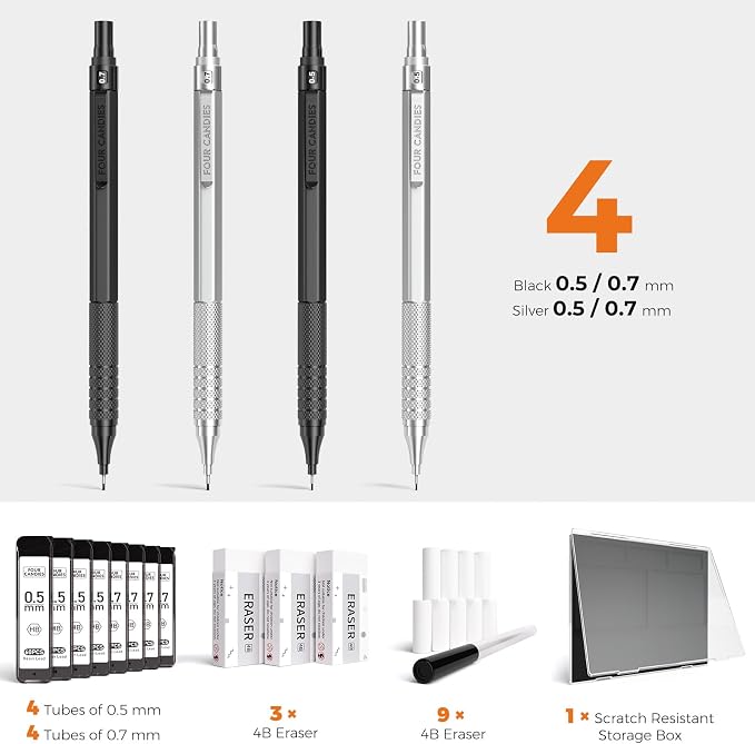 Four Candies 4PCS Metal Drafting Mechanical Pencil Set, 0.5mm & 0.7mm Point | - Image 6