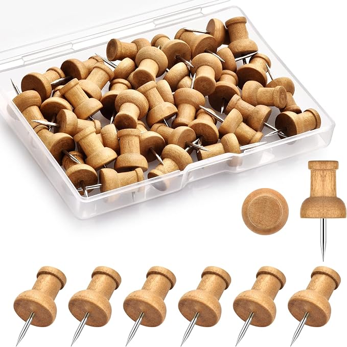 40Pcs Wood Push Pins, Decorative Thumb Tacks, Wooden Pins and Tacks, Cork Board by Dorbetar