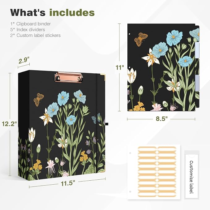 Ospelelf Binder 3 Ring 2 Inch, Floral Round Ring Clipboard Binder - Image 3