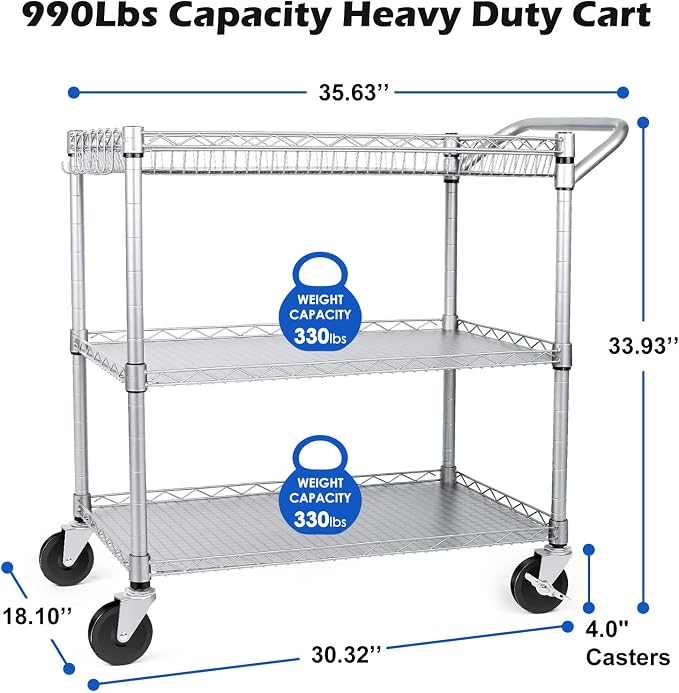 WDT 990Lbs Capacity Heavy Duty Rolling Utility Cart, NSF Rolling Carts - Image 3