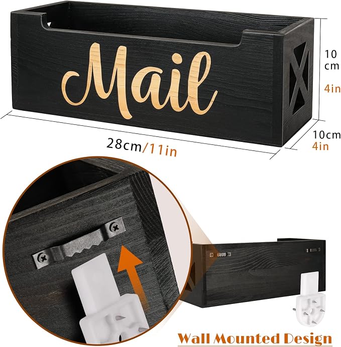 Mail Organizer Mail Holder Countertop, Rustic Wooden Mail Basket Mail Tray - Image 3