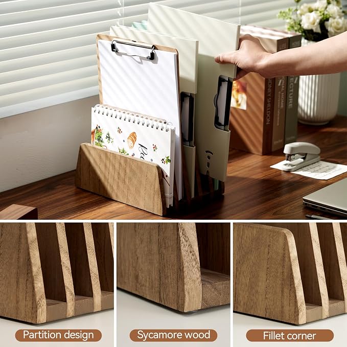 KIRIGEN Wooden Desk Mail Organizer, 5-Slot File Holder and Letter Sorter - Image 4