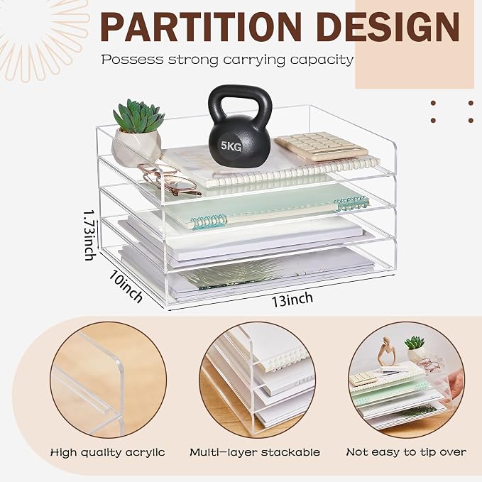 Harloon 4 Tier Acrylic Paper Tray Organizer, Heavy Duty Stackable Clear - Image 2