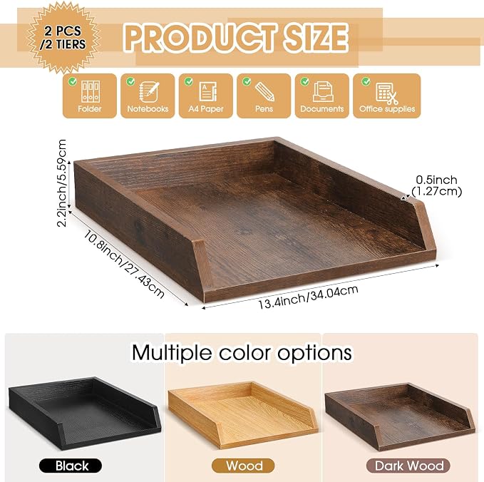 DoubleFill 2 Pcs Wooden Letter Trays 2 Tier Desktop Paper Organizer Wood - Image 2