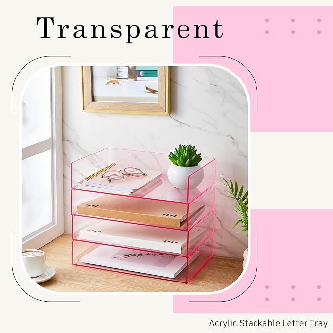 Harloon 4 Tier Paper Organizer Letter Tray Pink Acrylic Desk File Organizer - Image 5