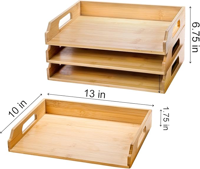 Okllen 3 Pack Stackable Paper Trays, Bamboo Desk Letter Tray Set, 3 Tier File - Image 2