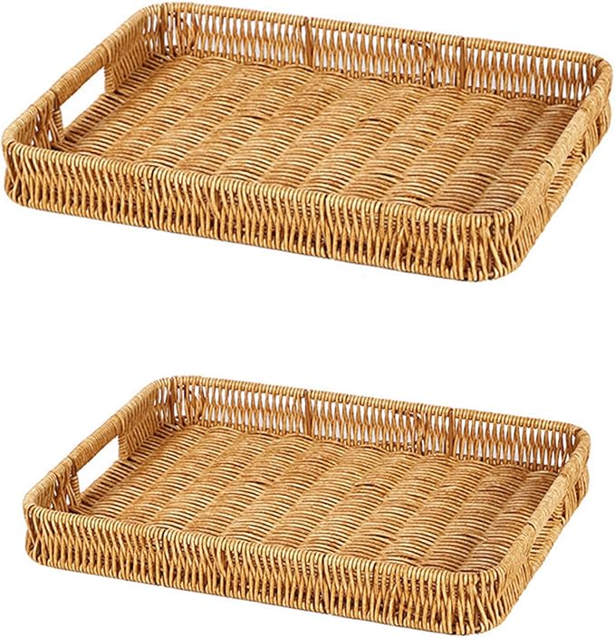2 Pack Rectangle Rattan Serving Trays by Unknown