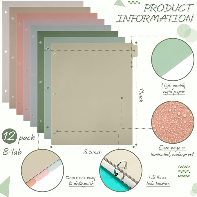 Honoson 12 Sets 8 Tab Dividers for 3 Ring Binders Plastic File 8.5 x 11 Inch - Image 2