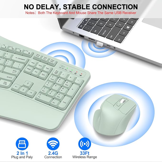 Wireless Keyboard and Mouse Combo, 2.4G Full Size Wave Keys Ergonomic Keyboard - Image 5