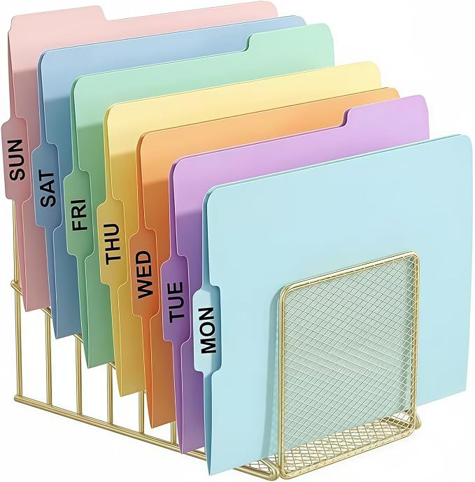 Gold Desk Organizer 7 Slot Inclined Vertical File Folder Holder Sorter by SIMMERSTONE