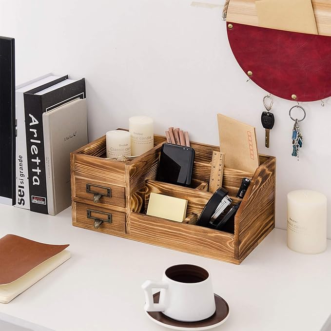 Liry Products Rustic Wooden Desktop Organizer Office Supplies Brown Tabletop - Image 6