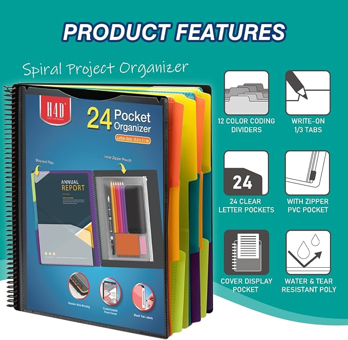 H4D 24 Pocket Poly Project Organizer, Spiral Multi Pocket Folder Organizer - Image 2