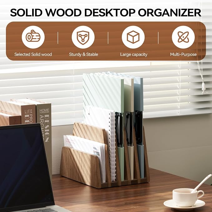 KIRIGEN Wooden Desk Mail Organizer, 5-Slot File Holder and Letter Sorter - Image 2