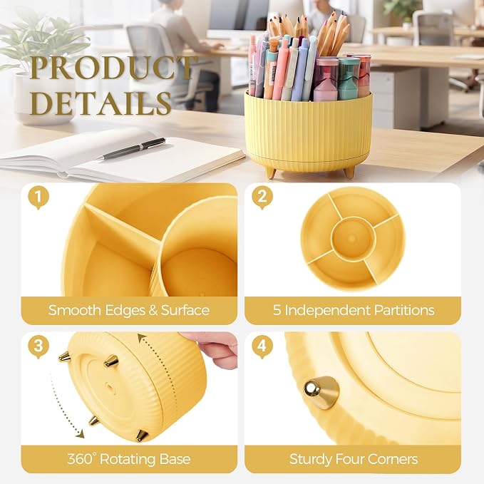 KONVINIT Pencil Pen Holder for Desk, 5 Slots 360-Degree Rotating Desktop - Image 4