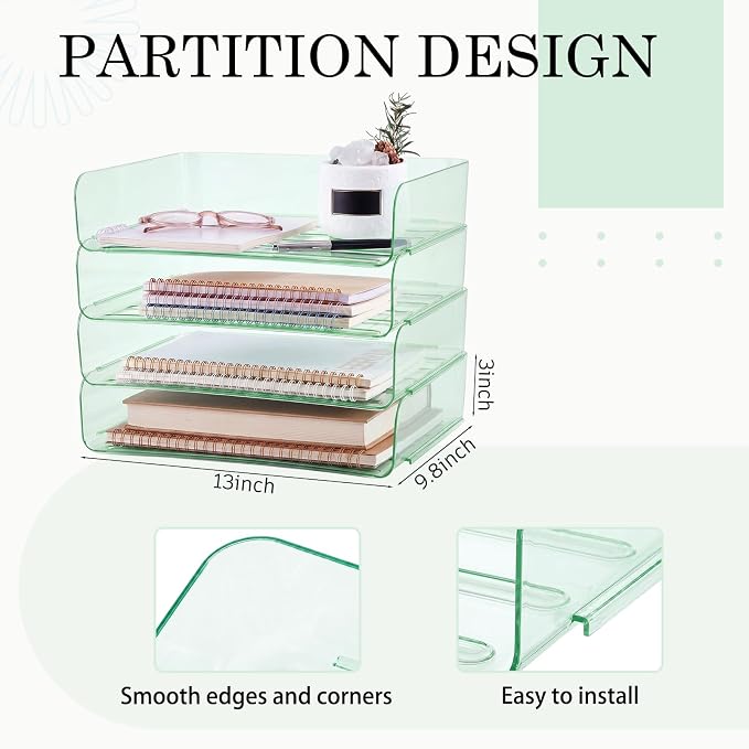 Harloon 4 Tier Clear Sage Green Acrylic Paper Organizer Letter Tray, Aesthetic - Image 2