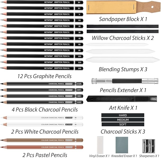 GETHPEN Sketch Pencils for Drawing, Graphite Pencil, Charcoal Pencil, - Image 2
