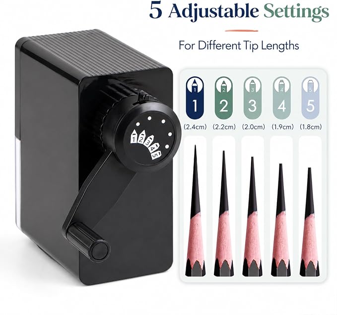 Marie's Long Point Manual Pencil Sharpener, 5-Level Adjustable Hand Crank - Image 4
