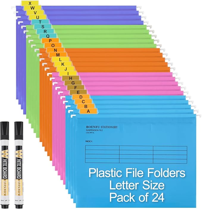 24-Pack Plastic Hanging File Folders Letter Size Expandable | Sturdy Document by BOENFU