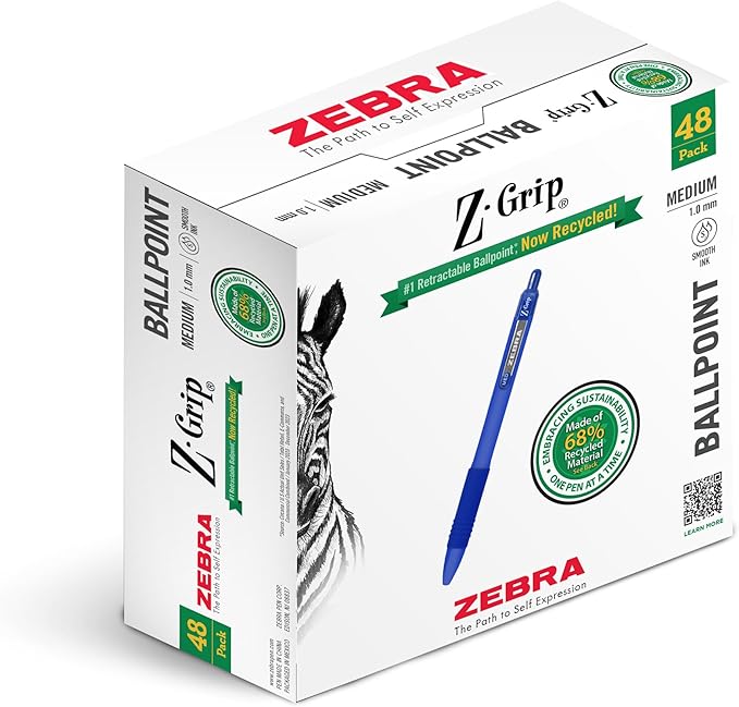 Zebra Pen Z-Grip Recycled Ballpoint Pens, Durable Metal Clip, 68% Recycled by ZebraPen