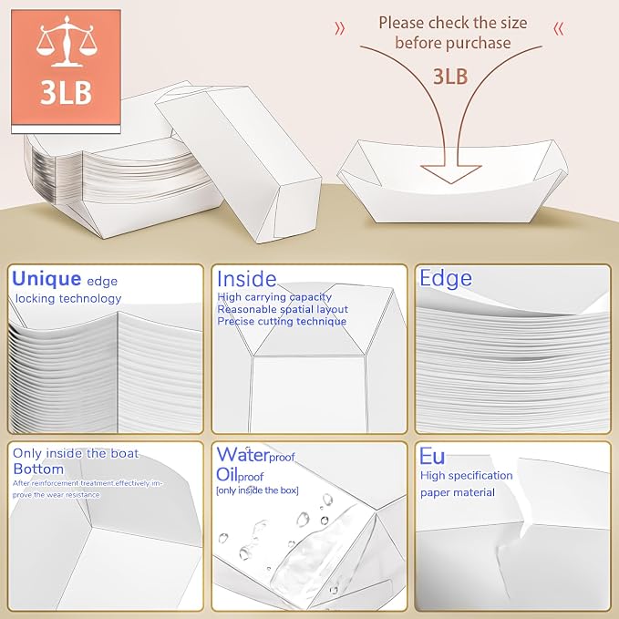 40 Pack White 3LB Paper Food Boat Trays Disposable Paper Boats Plates Containers - Image 3
