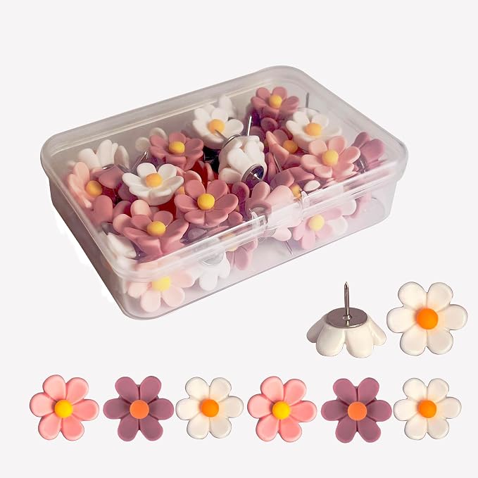 Cute Push Pins for Bulletin Board, Office Decor for Women Flower Thumb Tacks by Supfoxer