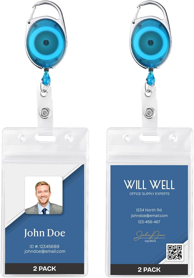 2 Pack Id Badge Holder With Clip, Transparent Light Blue Badge Reels with Id by WillWell