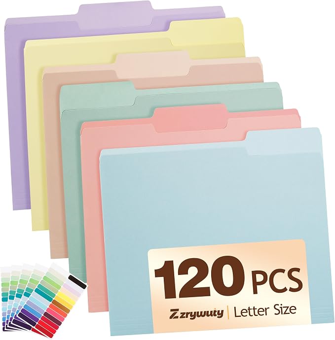 Color File Folders, 1/3-Cut Tabs, 120 Pack File Folder Letter Size, 6 Pastel by Zzrywuty