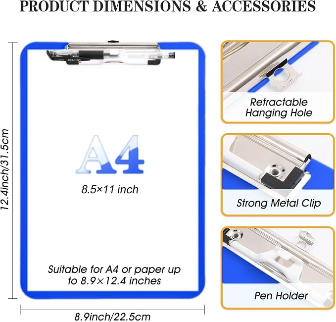 6 PCS Clipboards Bulk with Pen Holder, Standard A4 Letter Size, Plastic Clip - Image 3