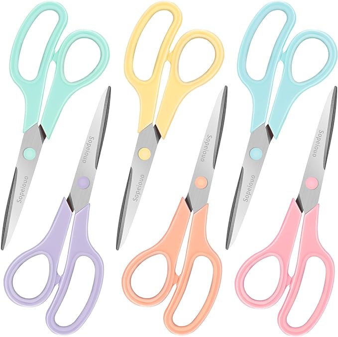 6 Pcs 8” Scissors, Sharp Stainless Steel Comfort Grip by Sopeiouo