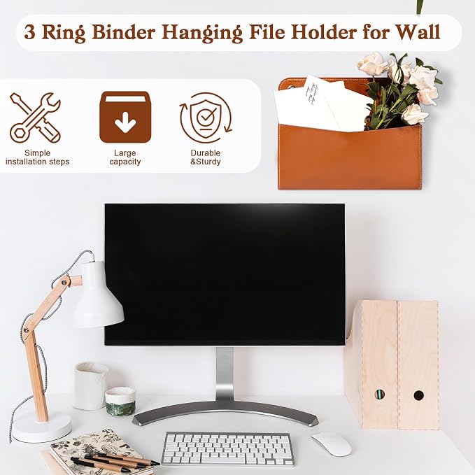Wall Mount Brown PU Leather Letter Holder 9.8" x 7.7" x 1.4" Mail Holder - Image 5