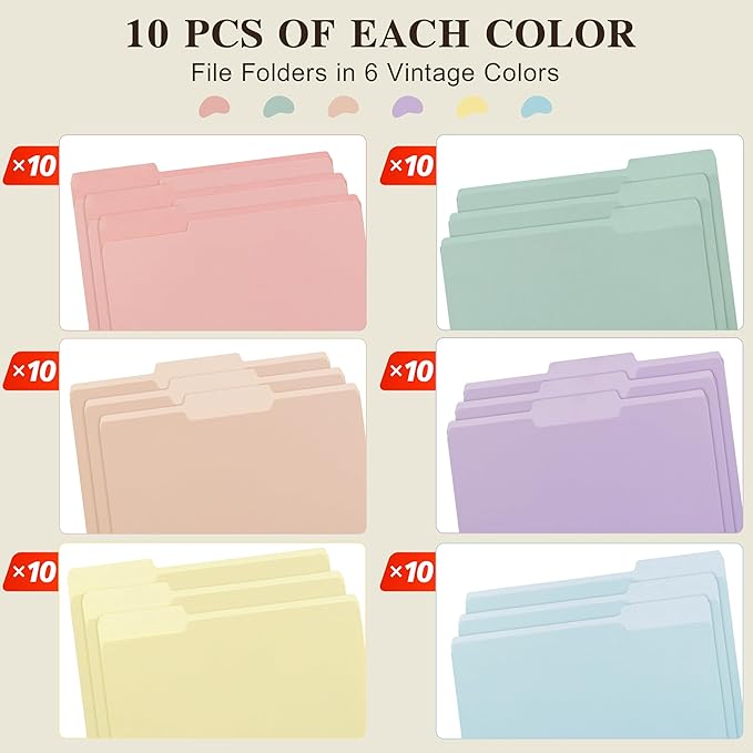 Color File Folders, 1/3-Cut Tabs, 60 Pack File Folder Letter Size, 6 Pastel - Image 4