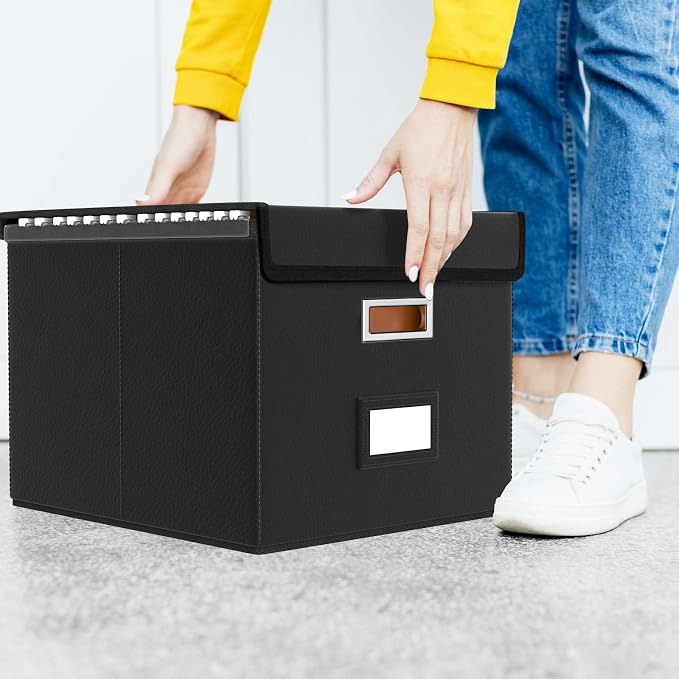 File Organizer Box with Lid, Collapsible Faux Leather Hanging File Folder Box - Image 6