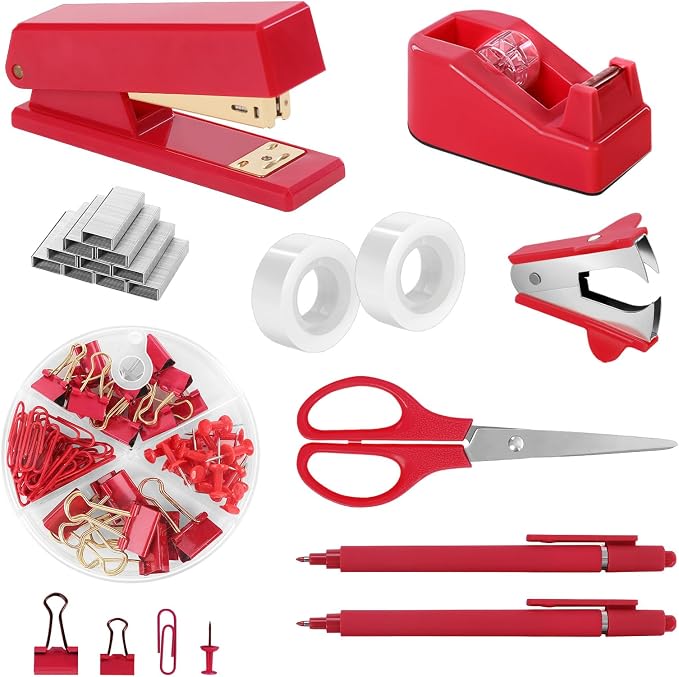 SKYDUE Red Office Supplies Set, Desk Accessories, Tape Dispenser, Binder/Paper by SKYDUE