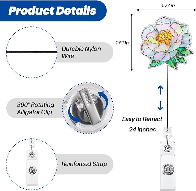 Funny Floral Nurse Badge Reel, Cute Peony Retractable ID Badge Holder, Name Tag - Image 3