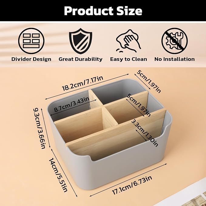 Segarty Gray Desk Storage Organizer, Detachable Divided Bamboo Remote Control - Image 2